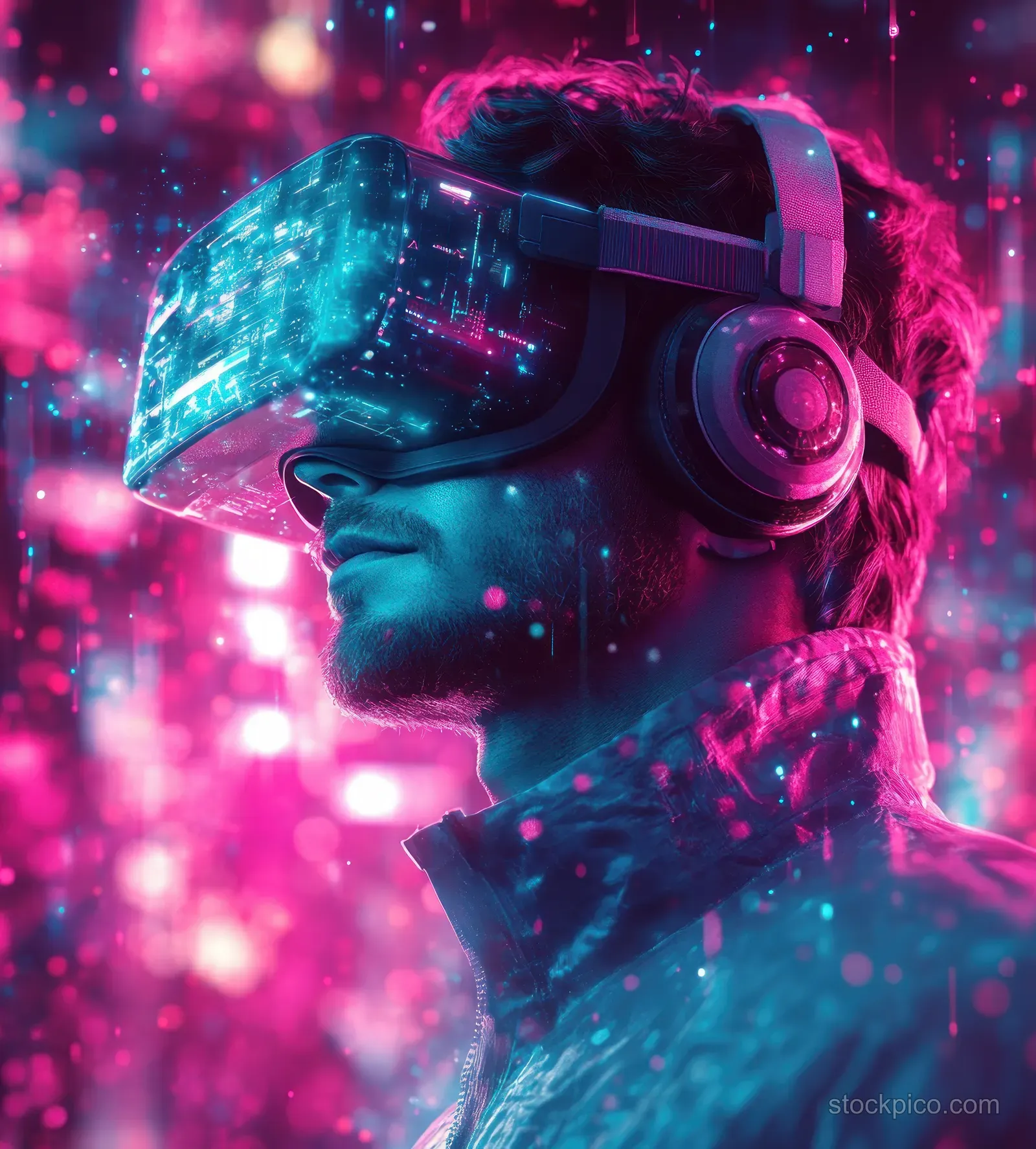 A suited businessman wearing a VR headset with a glowing holographic display in a neon futuristic scene.
