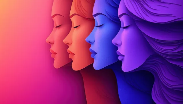 Four women in side profile transition from warm red and orange tones to cool blue and purple.