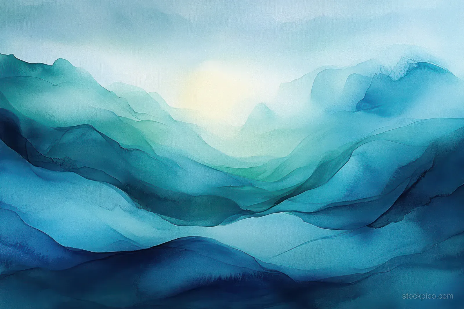 Blue and teal watercolor mountains with misty atmosphere and smooth wave-like swirls.