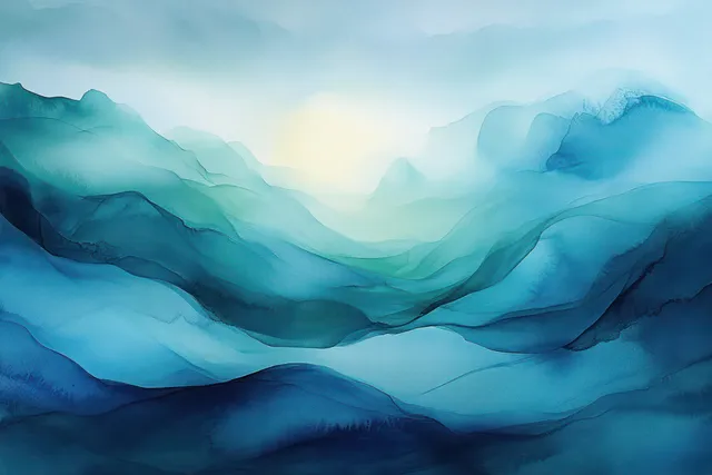 Abstract watercolor mountain landscape in blue and teal with misty wave-like swirls