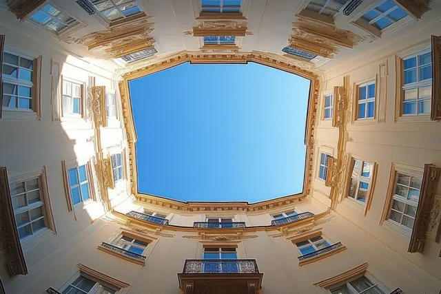 Looking up through a historic courtyard, blue sky framed by cream walls and windows