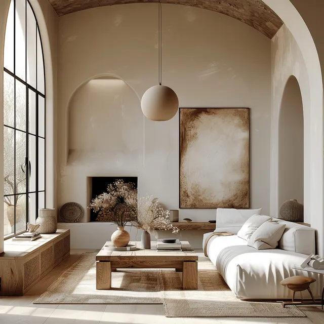 Mediterranean living room with arched windows, beige sofa, and lit fireplace with Wooden Coffee Table