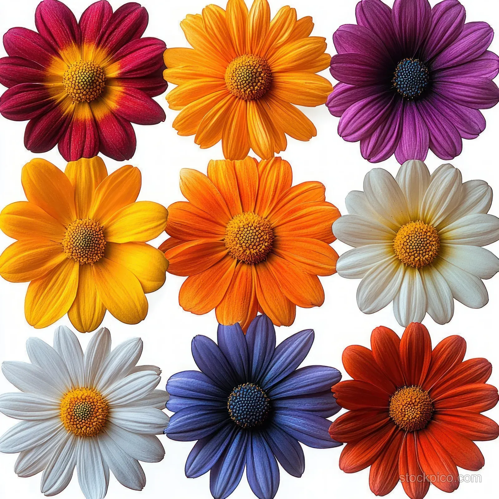 Nine colorful daisies arranged in a 3x3 grid on a white background.