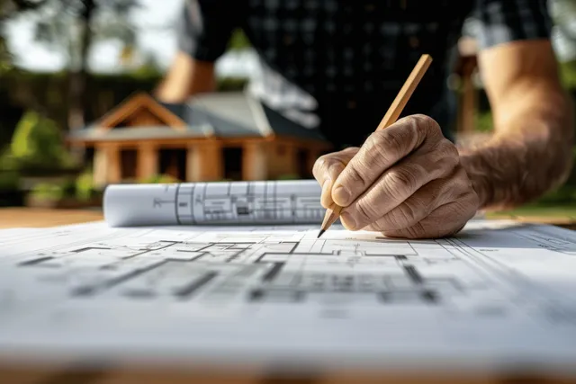 Architect’s hand marking blueprints on a rooftop table above a city skyline