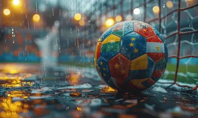 Euro-themed soccer ball sits on confetti near a goal frame with bright stadium lights and blurred crowd behind.