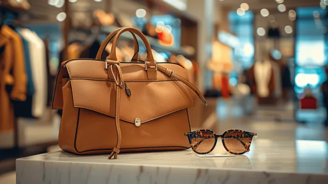 Tan leather handbag and sunglasses placed on a display counter inside a softly blurred luxury fashion boutique.