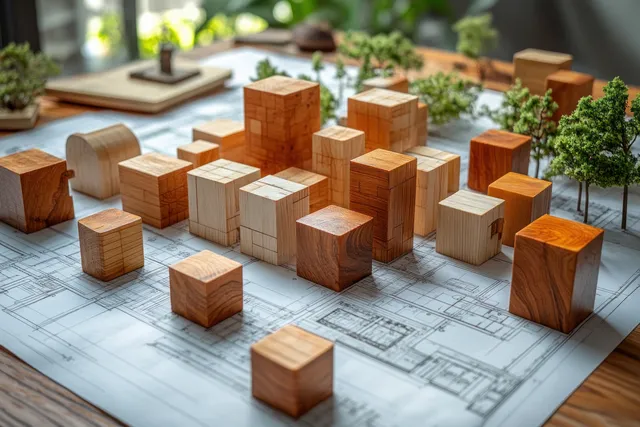 Wooden building blocks are placed on an architectural blueprint with green plants in the background.