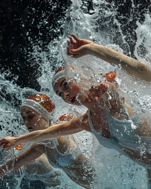 Russian artistic swimmers sprint through water, executing synchronized free routine with splashes