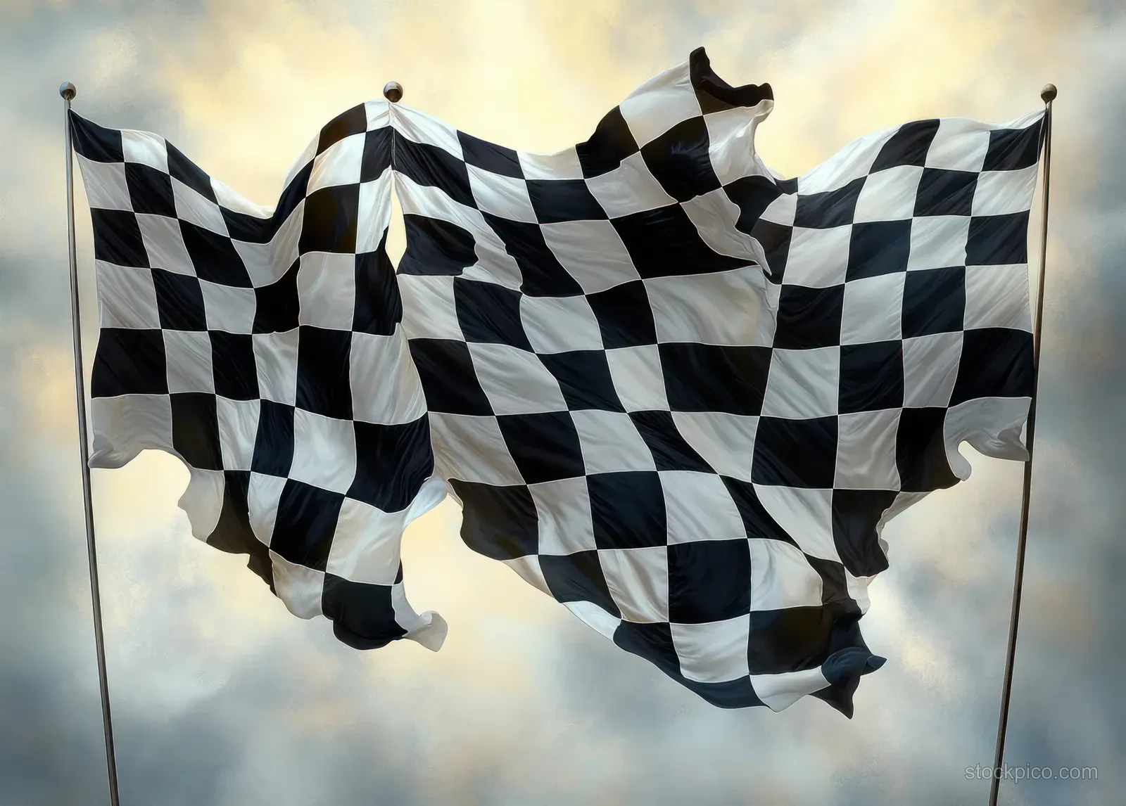 Three checkered black-and-white flags ripple on poles against a cloudy sky.