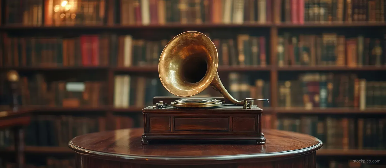 Vintage gramophone with brass horn on a polished wooden table in a warm library filled with books.