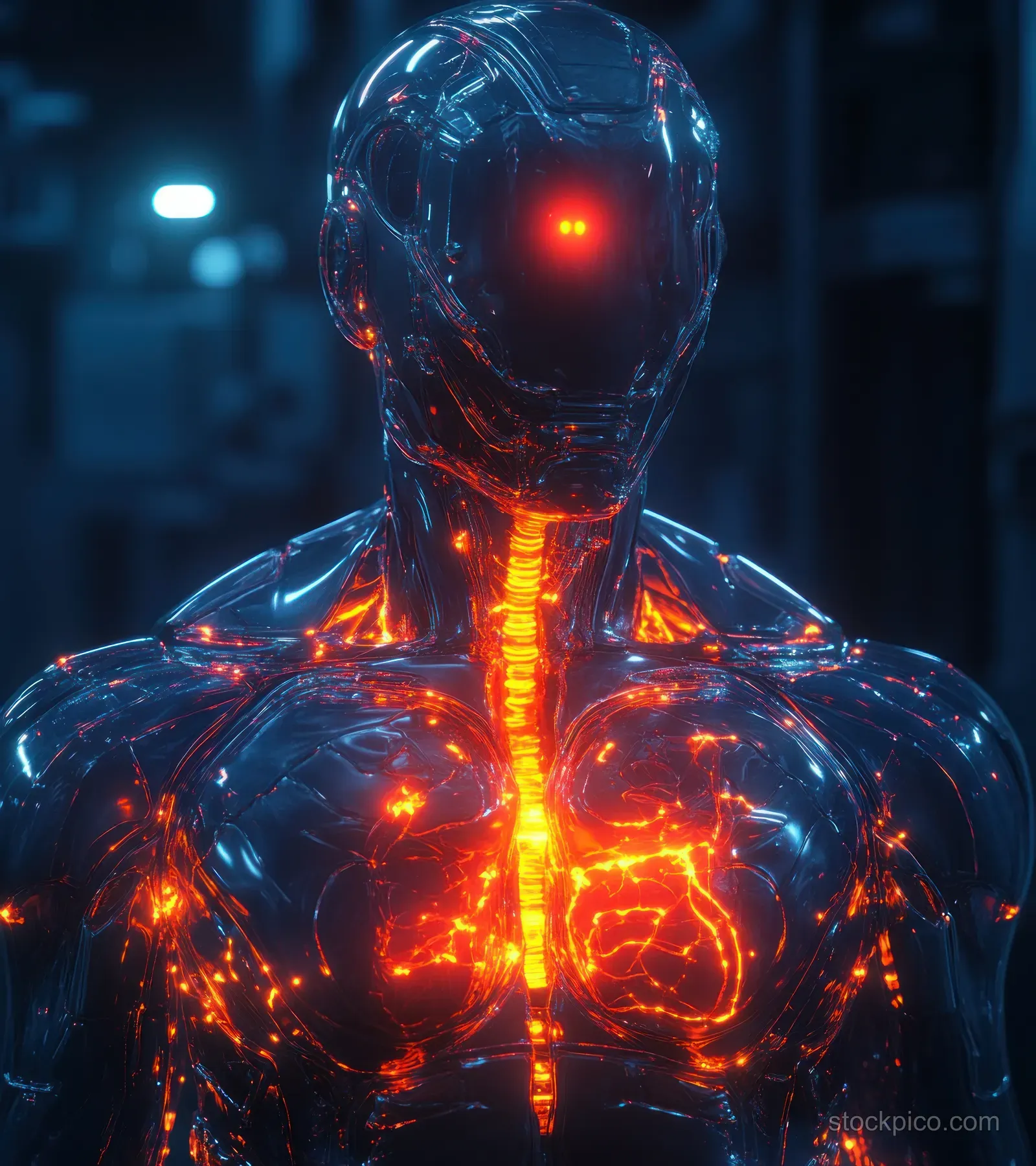 Futuristic translucent human torso with neon glowing anatomy and highlighted inflamed elbow joint against a dark background.