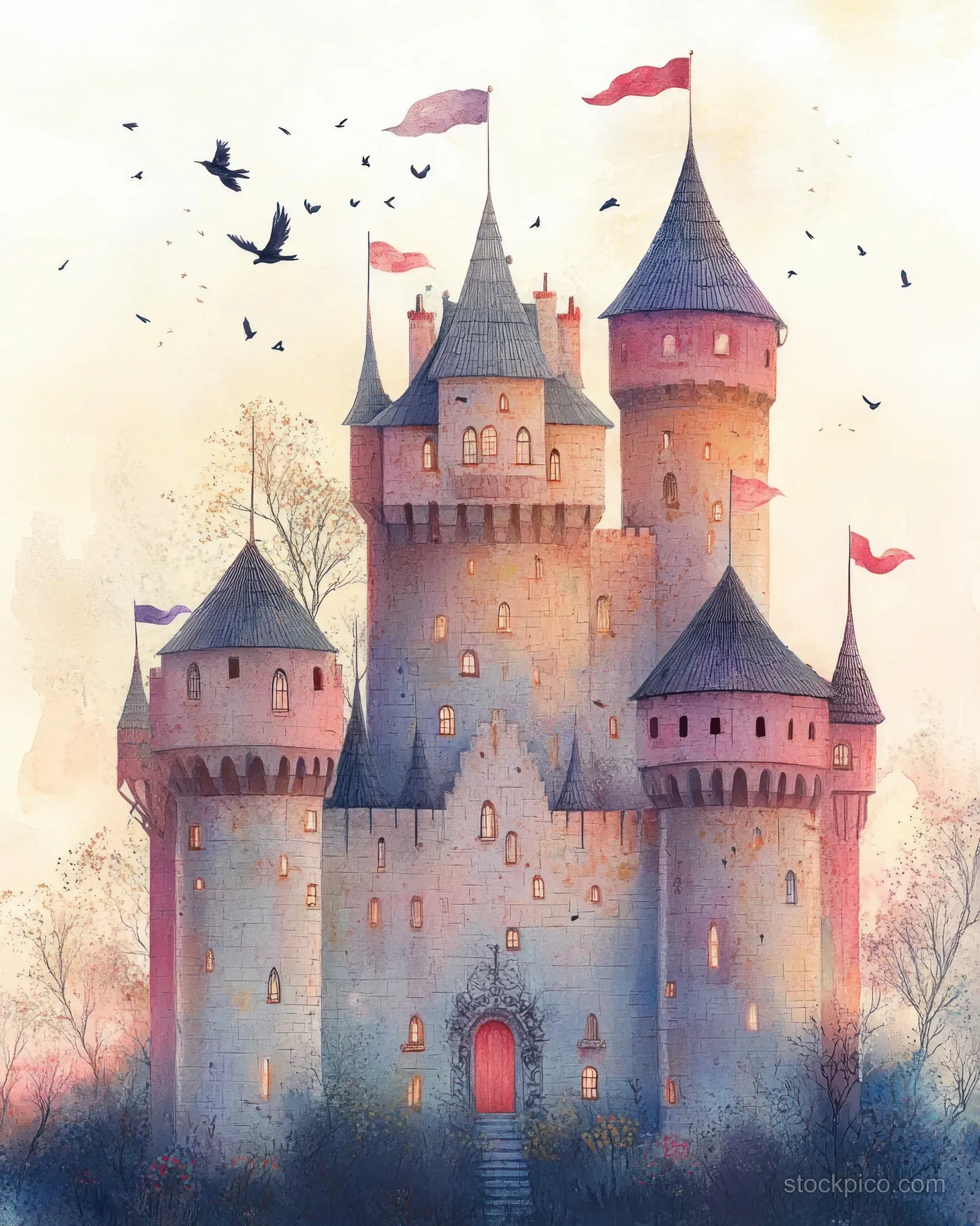 Watercolor fairy-tale castle with flags and birds flying above pastel misty hills.