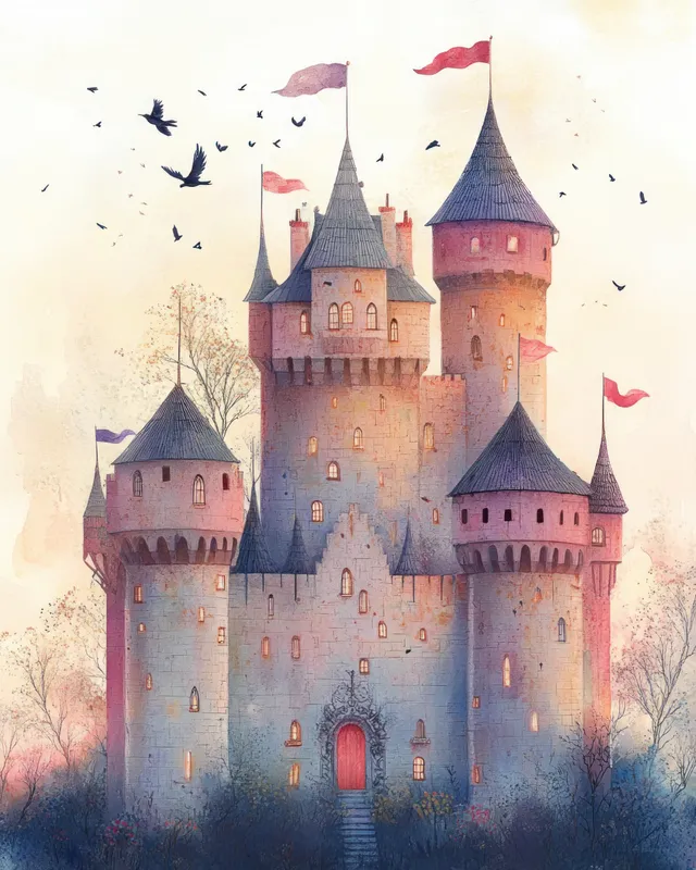 Watercolor fairy-tale castle with flags and birds flying above pastel misty hills.