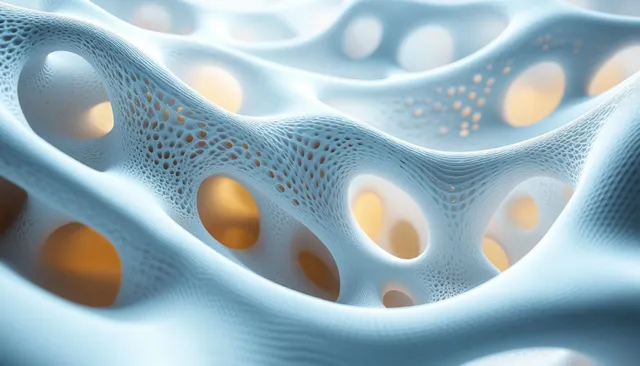 Curved cellular membrane with glowing yellow dots in a soft blue light close-up.