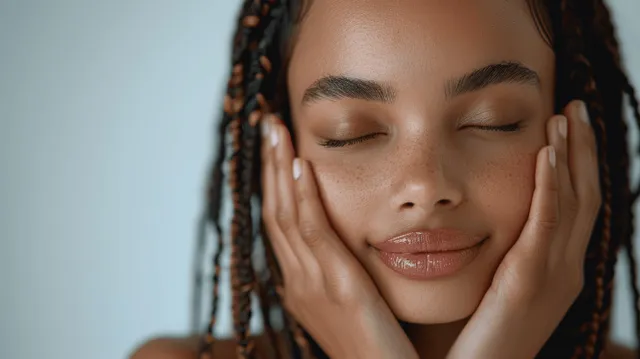 African American woman with cornrows gently touching her cheeks in a bright studio portrait