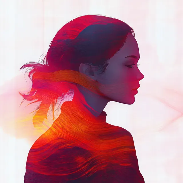 Side-profile woman silhouette blends into red and orange flowing abstract brushstrokes with soft glow.