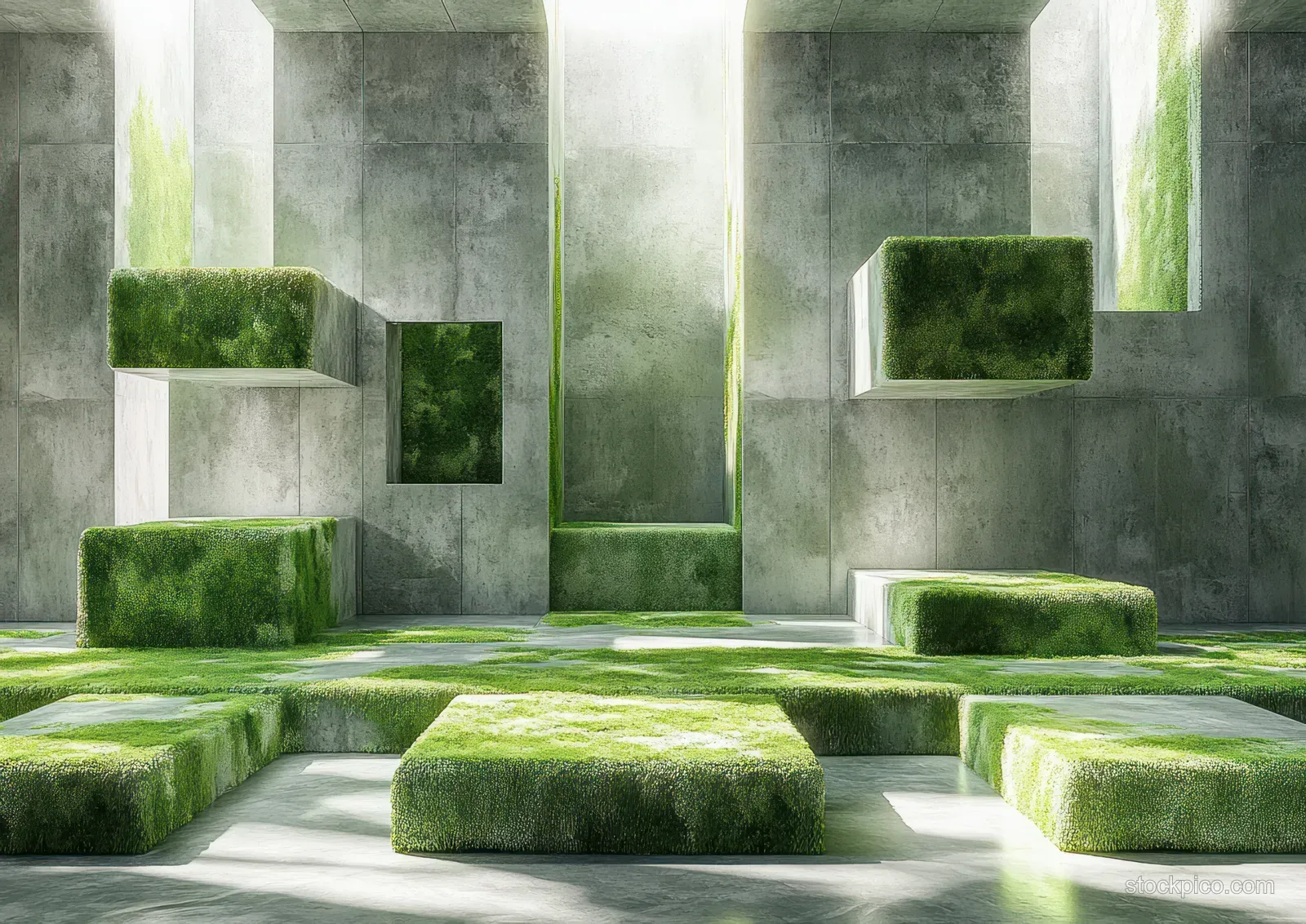 Green moss-covered geometric podiums and stepped concrete blocks in a bright studio with soft light.