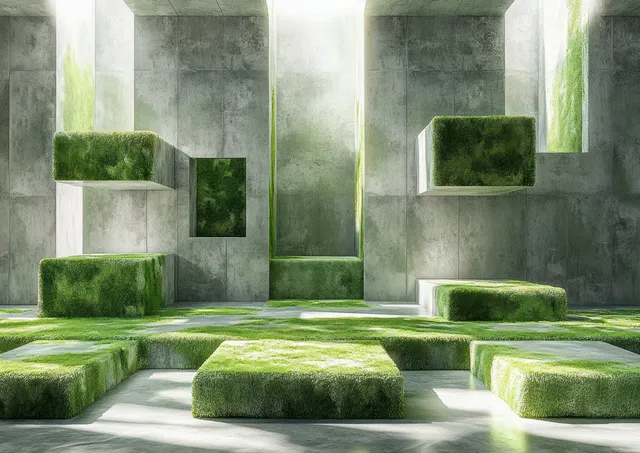 Geometric display podiums with green moss on concrete ledges in bright studio