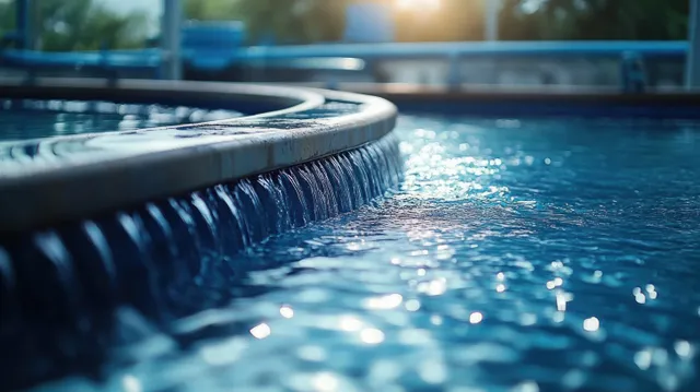 Curved fountain water pours into a blue pool with sparkling reflections in soft daylight.