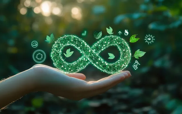 Hand Holding Glowing Circular Economy Symbol Above Forest Background
