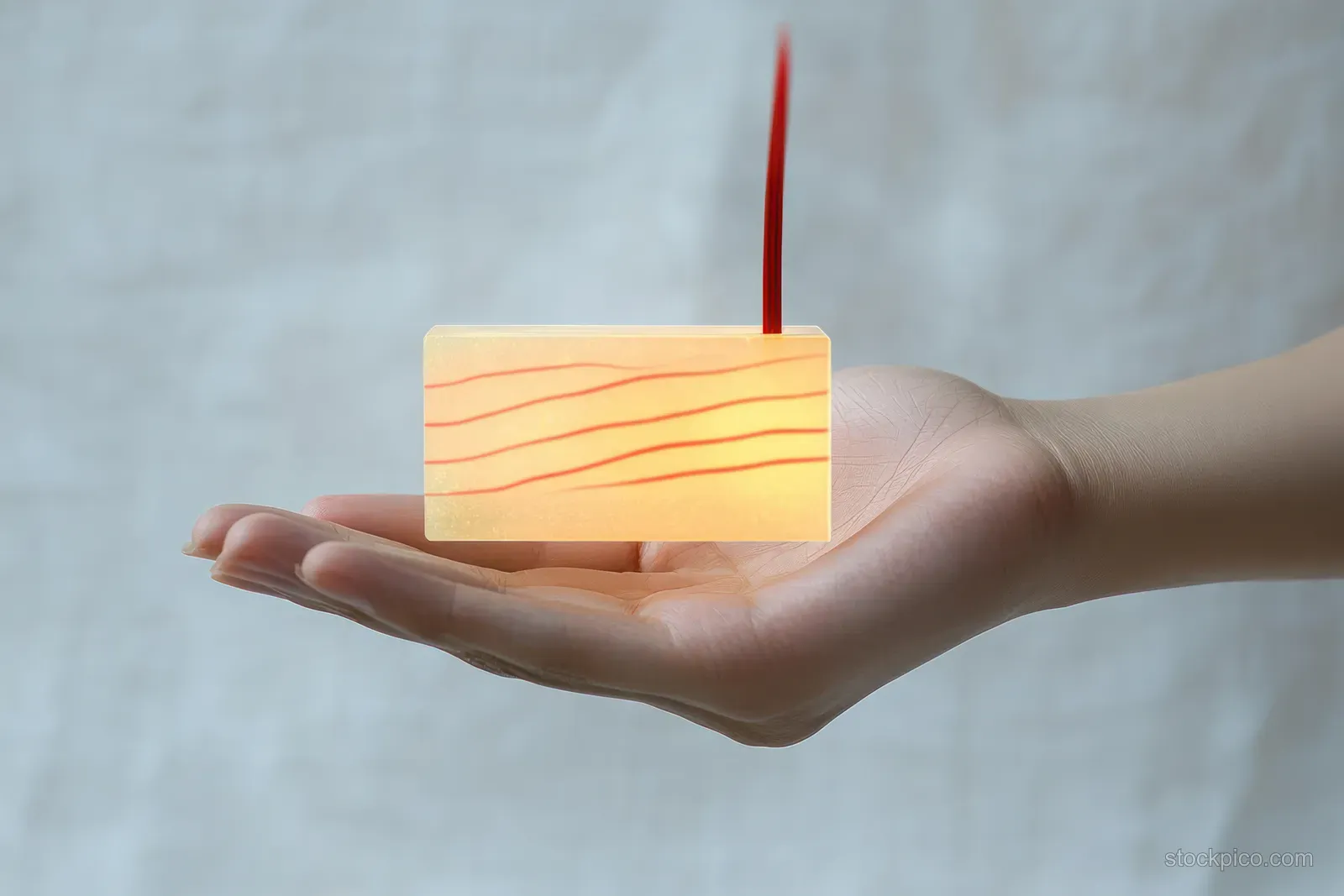 A clinician’s hands hold a glowing hair or scalp treatment concept against a minimal light background.