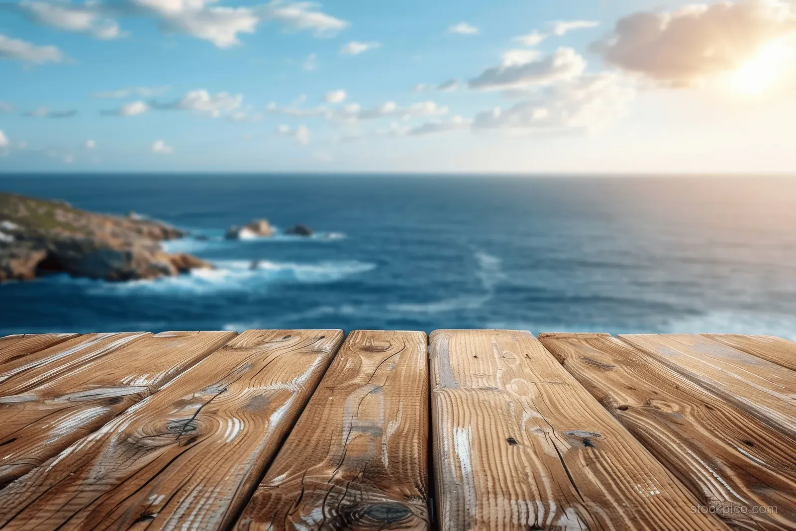 Weathered wooden tabletop in the foreground with blurred ocean waves and sunrise sky in the background.