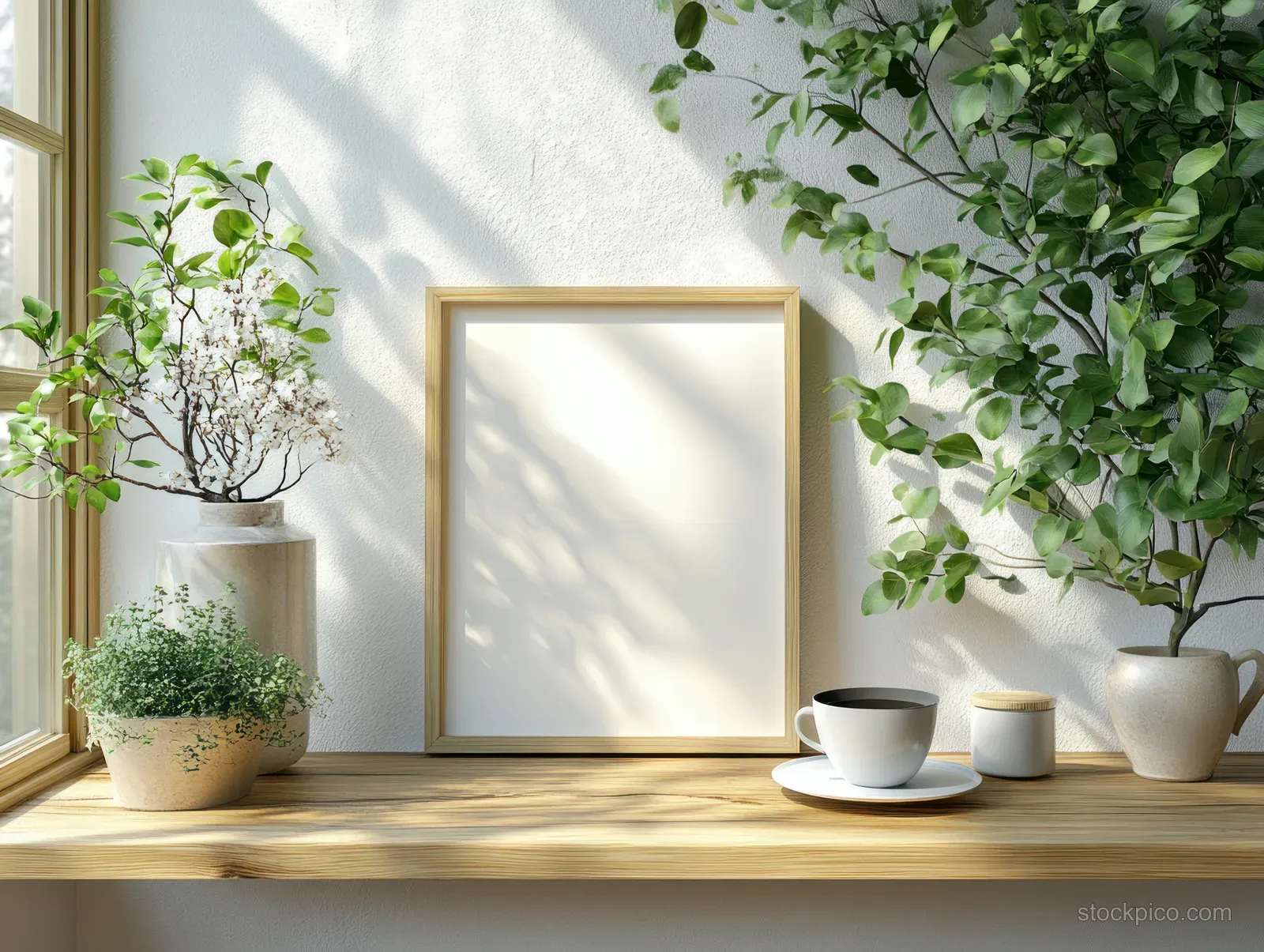 Empty vertical picture frame on a wooden shelf with dried pampas grass and neutral vases in a bright minimalist room.