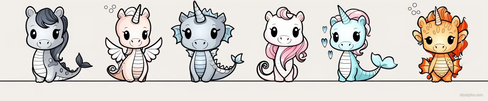 Multiple cute mythical animal characters in black-and-white line art arranged on a simple coloring page background.