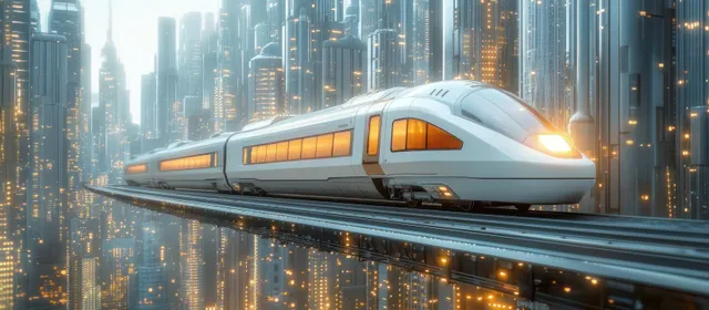 A futuristic white passenger train runs on elevated tracks through a glowing city skyline at dusk, with orange-lit windows.