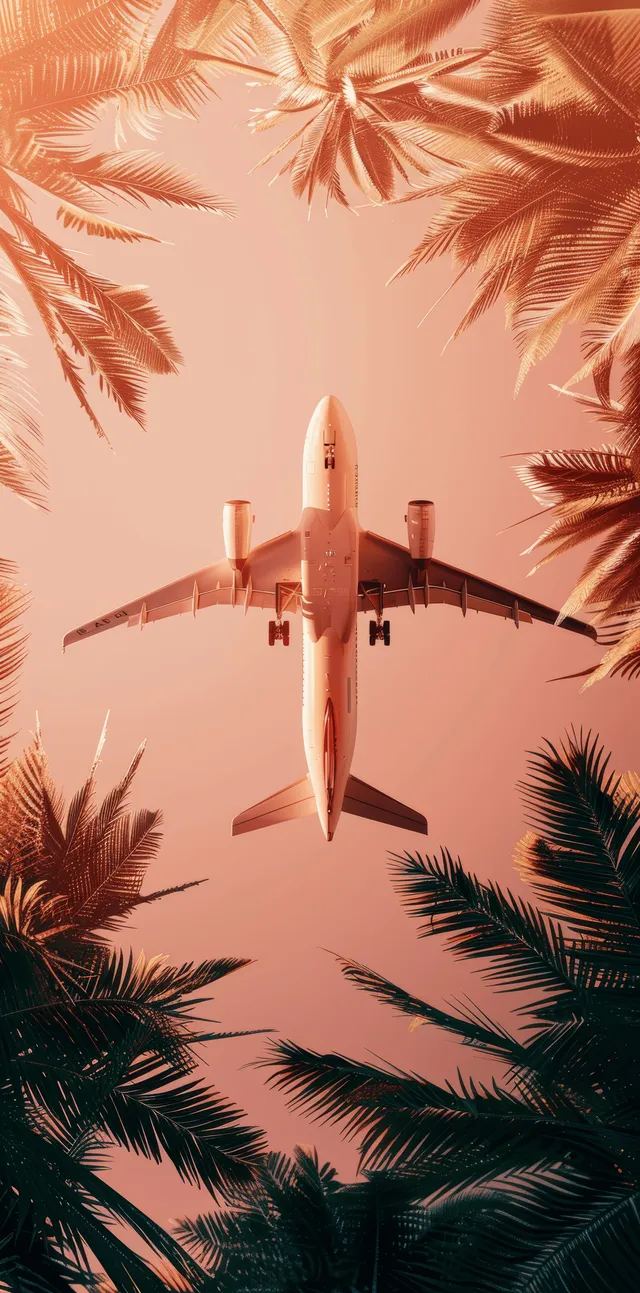 Minimal airplane centered between palm leaves on pastel peach monochrome background