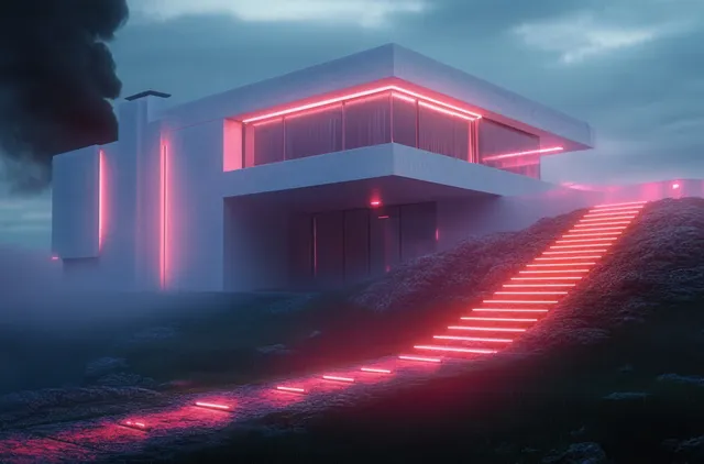 Neon-lit futuristic house at night with mounted CCTV cameras watching a red glowing driveway.