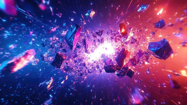 A central white light explosion scatters glowing crystal shards and sparks across a blue and orange background.