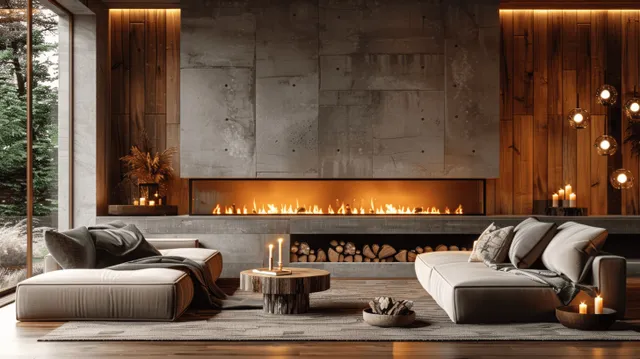 Cozy winter chalet living room with modern fireplace, wooden walls, and glowing lighting