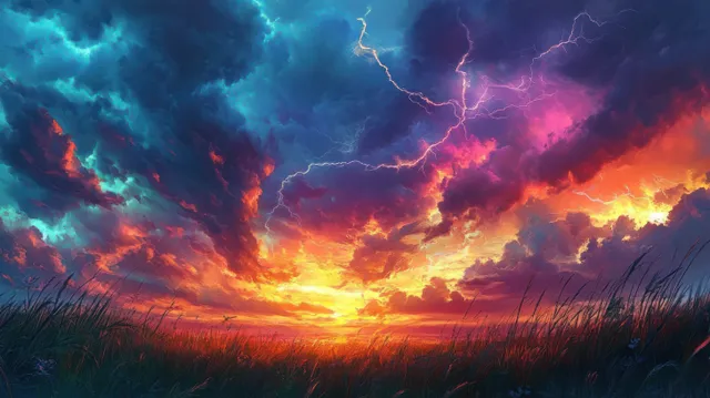Lightning bolts split a fiery sunset sky over a dark field, dramatic wide-angle art scene