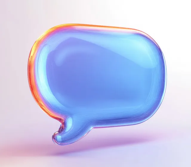 A glossy translucent blue speech bubble icon with a glowing orange rim on a soft gradient background.