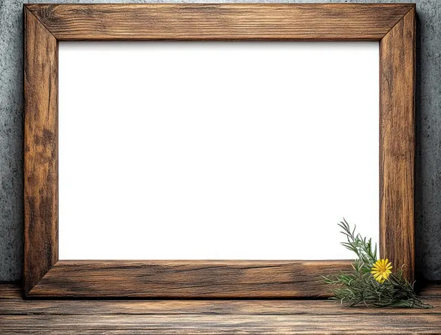 Empty rustic wooden picture frame with a green sprig and one yellow flower on a wooden surface.