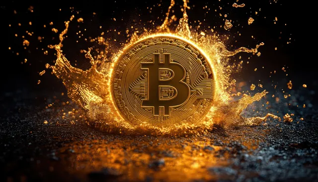 A glowing golden Bitcoin coin surrounded by liquid-gold splashes and dust on a black background.