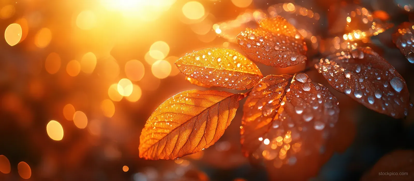 Autumn leaves glowing in warm sunlight with soft bokeh and water droplets.