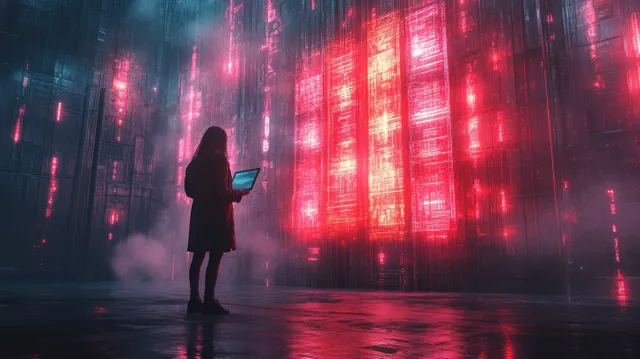 A warehouse manager stands in a neon cyberpunk warehouse, using a tablet while red holographic logistics screens glow behind.