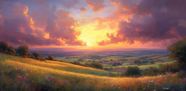 Aerial panoramic view of a village countryside at sunset with rolling hills and dramatic clouds