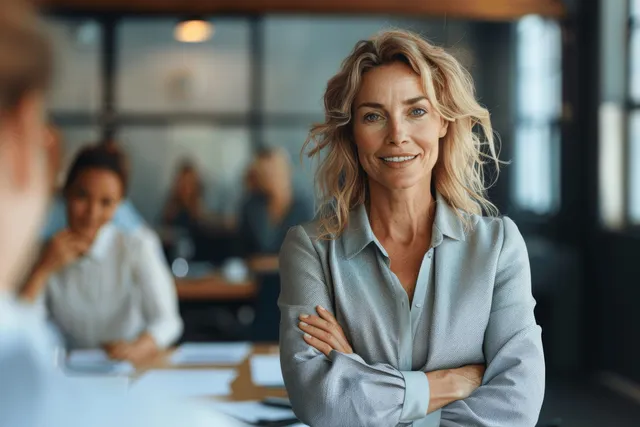 Smiling businesswoman presenting project updates in a boardroom with her team