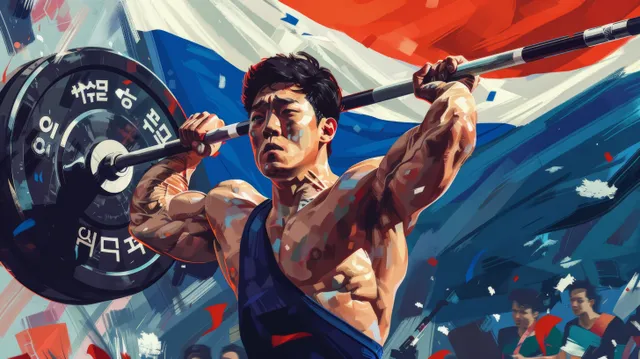 South Korean weightlifter drives a barbell overhead in a colorful Olympic-style arena