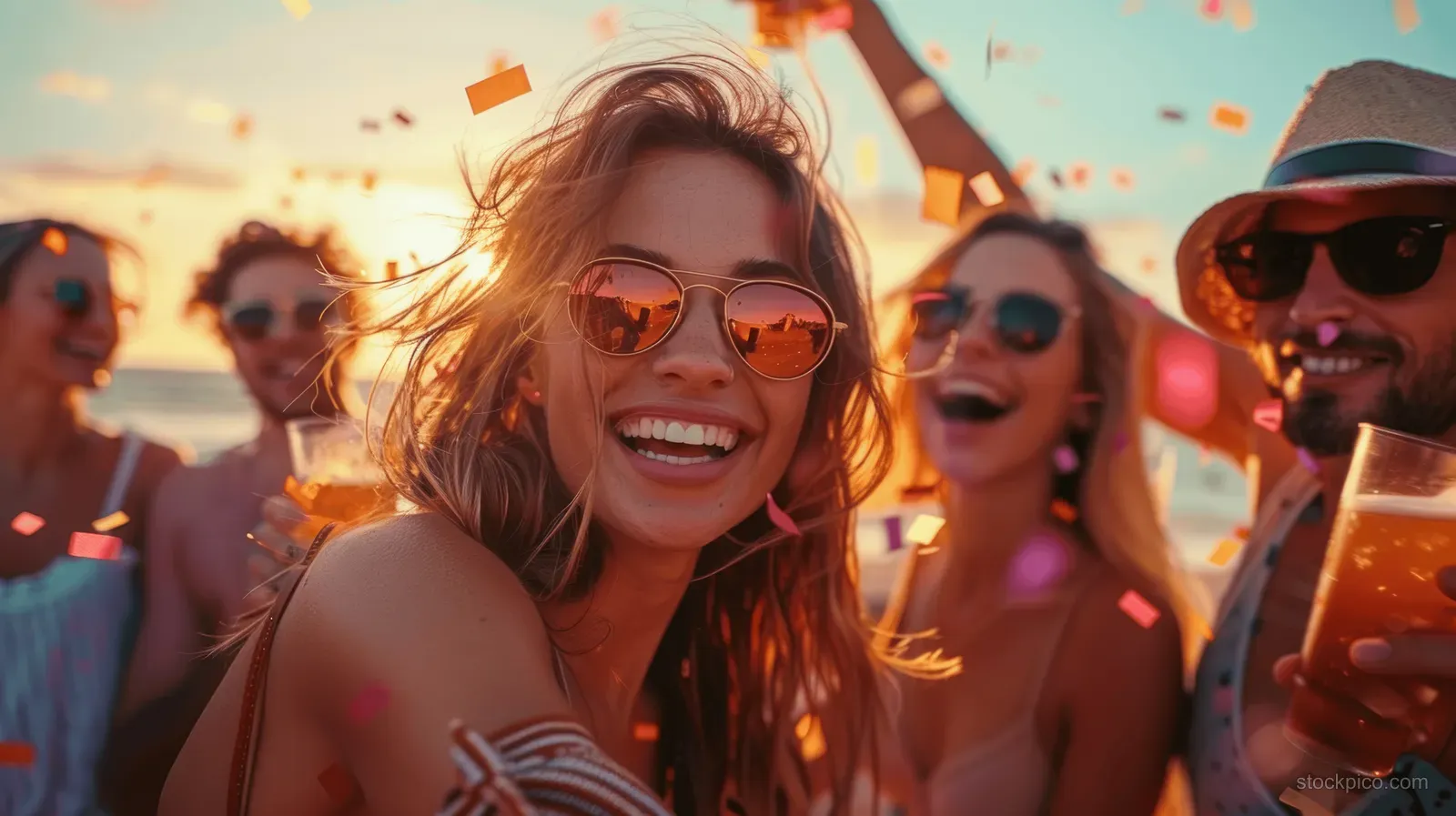 Smiling friends celebrate outdoors at sunset with drinks and confetti.