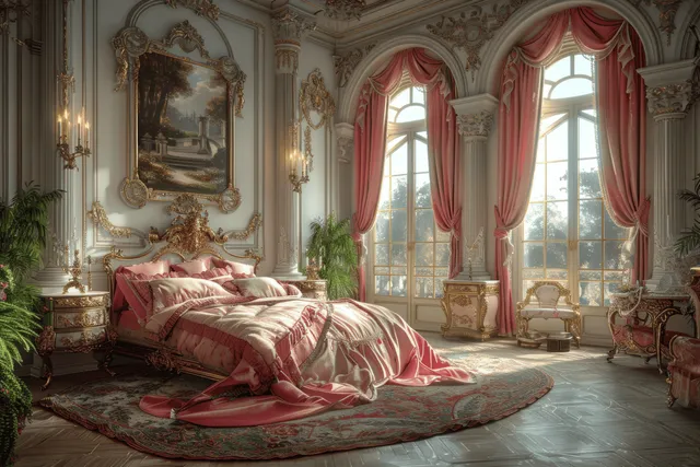 Rococo princess bedroom with pink-and-gold bed, gilded frames, and palace windows