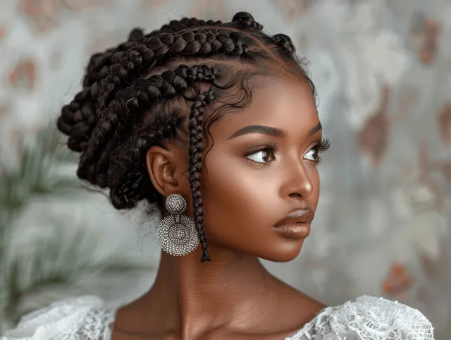 African American woman with cornrow braids wearing a white dress and dangling earrings in a studio close-up.