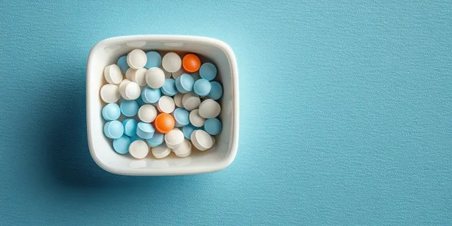 Round white blue and orange tablets piled in a white square bowl on textured blue background