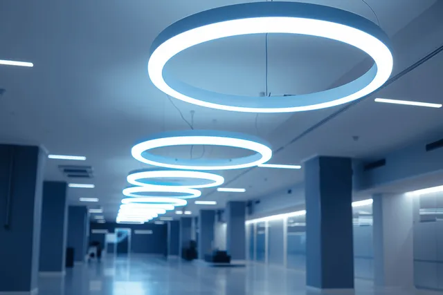 White neon LED ring lights hanging from office ceiling over glowing corridor