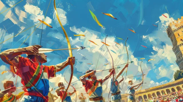 Archers in Italy team event launching arrows amid crowd and sunlit city skyline