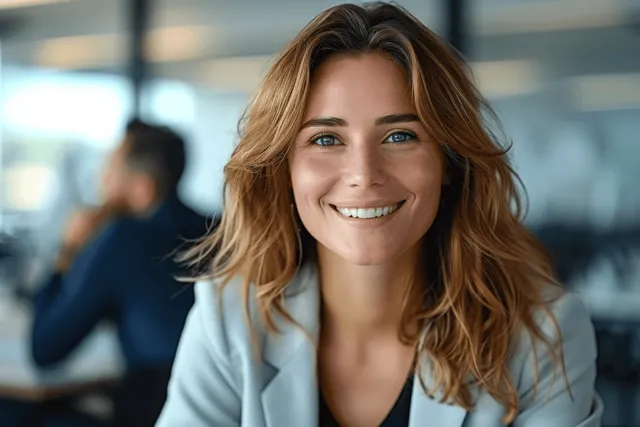 Smiling businesswoman in a blazer sits at an office desk with blurred interview scene in the background.