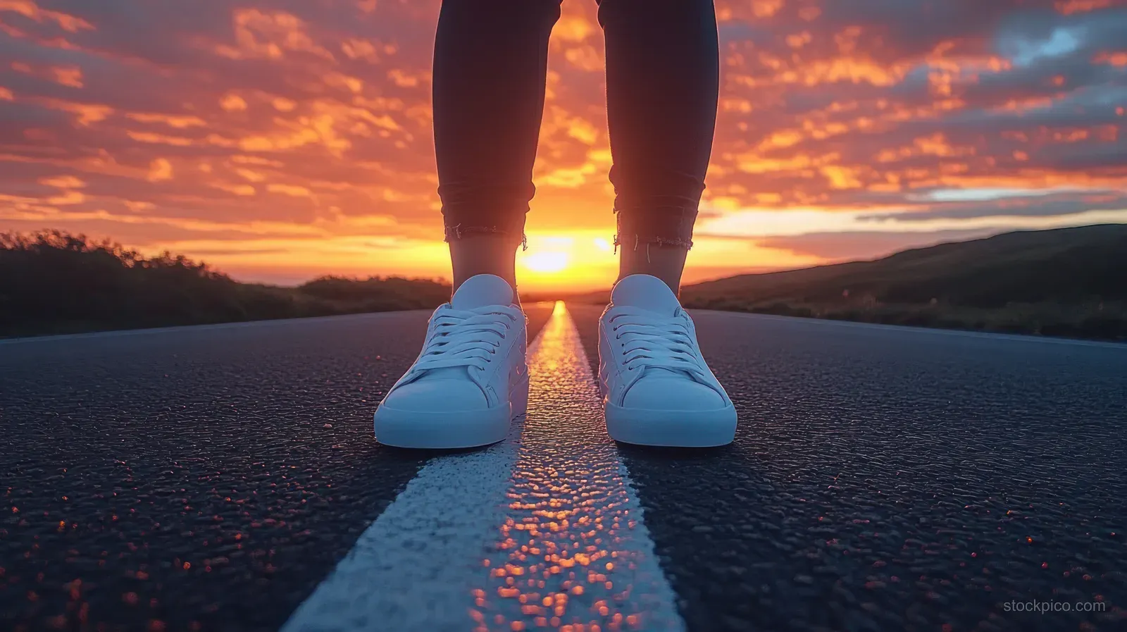 Silhouetted legs and glowing white sneakers on an empty road at sunset with orange and blue sky.